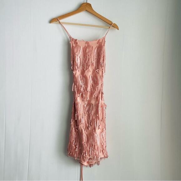 Lulu’s Making Magic pink fringe lace up mini dress size large - Picture 2 of 8